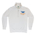 The Tulsa Zoo Penguin Sporty Pop Quarter Zip Sweatshirt is a white organic cotton pullover with a blue penguin and orange "Tulsa Zoo Est. 1928" graphic on the left chest—uniting sporty style with ethical fashion.