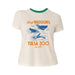 The Tulsa Zoo Penguin Sporty Pop Ringer T-Shirt is white with green trim, features blue penguin illustrations and orange "Keep Waddling Tulsa Zoo Est. 1928" text, and is made of organic cotton—perfect for sustainable fashion fans.