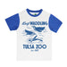 The Tulsa Zoo Penguin Sporty Pop Youth T-Shirt is a white and blue top with illustrations of swimming penguins and "Keep Waddling Tulsa Zoo Est. 1928" text on the front. Fair Labor Certified.