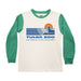 The Tulsa Zoo Sea Lion Sporty Pop Youth T-Shirt features green long sleeves, a white organic cotton body, and a front graphic of a seal, setting sun, blue waves, and “Tulsa Zoo Est. 1928 Tulsa, Oklahoma.”.