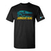 Black t-shirt featuring a large teal dinosaur skull above the yellow text “JURASSIC SEAS”; South Carolina Aquarium logo is on the left sleeve.