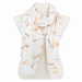 A white Dragonfly Scarf featuring light orange dragonfly prints is elegantly draped around a mannequin torso, with fringed edges visible at each end—capturing the delicate charm of botanical gardens and making it an ideal addition to any nature-inspired wardrobe.