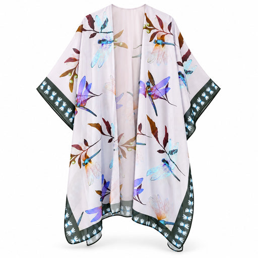 The Dragonfly Kimono is a lightweight, flowy piece adorned with a floral and dragonfly pattern in shades of blue, purple, and brown. A striking black border accented by a white leaf design frames the garment. Delicate dragonfly motifs woven throughout the kimono celebrate transformation and grace, adding symbolic meaning to its elegant style.