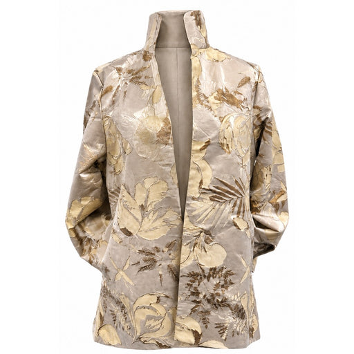 The Peony Palm Long Jacket, crafted with sustainable materials, showcases a beige and gold floral pattern in an open-front design with a high collar. Displayed on a mannequin against a white background, this piece is an elegant nod to eco-friendly fashion.