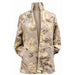 The Peony Palm Long Jacket, crafted with sustainable materials, showcases a beige and gold floral pattern in an open-front design with a high collar. Displayed on a mannequin against a white background, this piece is an elegant nod to eco-friendly fashion.