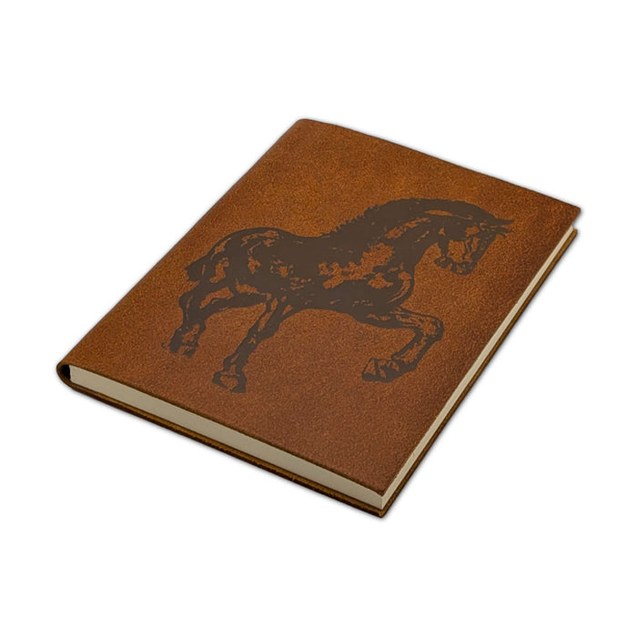 A brown Frederik Meijer Gardens & Sculpture Park American Horse notebook with an embossed silhouette of a horse on the cover.