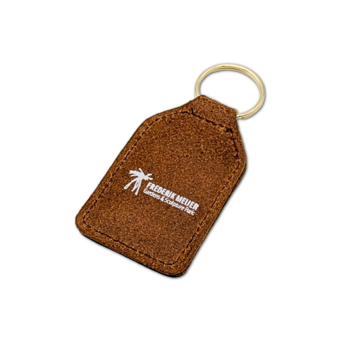 Brown rectangular leather Frederik Meijer Gardens & Sculpture Park American Horse Key Fob with a gold keyring, featuring a white logo and the text Frederik Meijer Gardens & Sculpture Park.