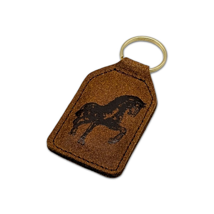 Frederik Meijer Gardens & Sculpture Park American Horse Key Fob in brown rectangular leather with a gold ring and a dark etched image of a horse.