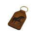 Frederik Meijer Gardens & Sculpture Park American Horse Key Fob in brown rectangular leather with a gold ring and a dark etched image of a horse.