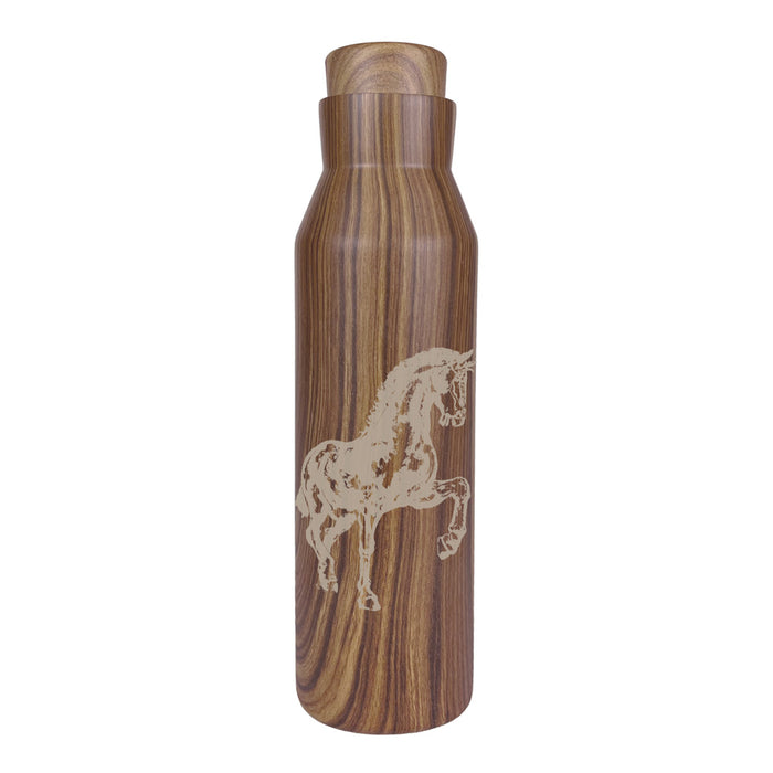 Frederik Meijer Gardens & Sculpture Park American Horse Watter Bottle featuring a brown wood-grain pattern and an etched illustration of a rearing American Horse by Walker Noble.