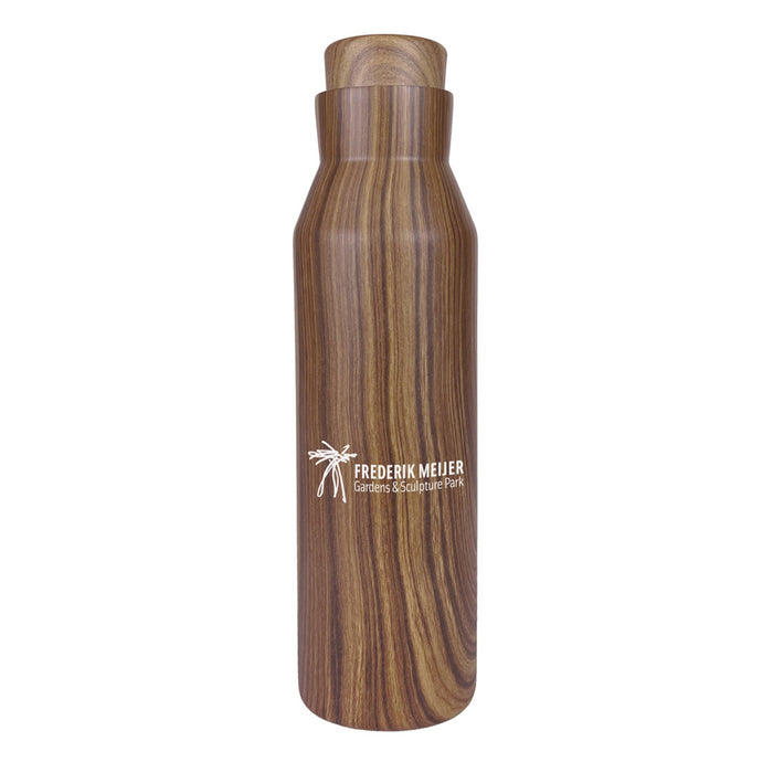 A brown wood-grain Frederik Meijer Gardens & Sculpture Park American Horse Water Bottle with a matching cap and the logo printed on the side.