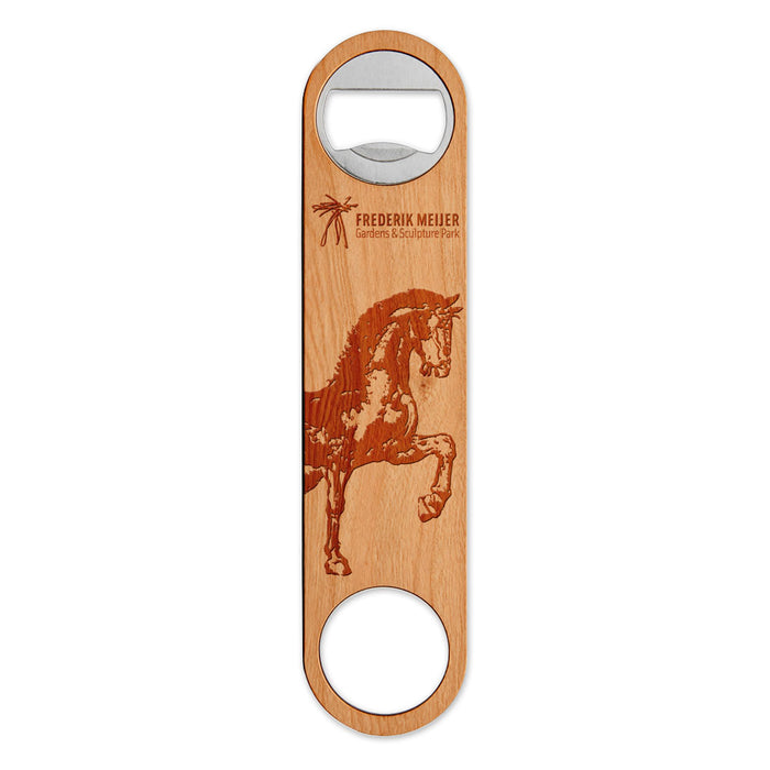 Frederik Meijer Gardens & Sculpture Park American Horse Bottle Opener made of wood with a metal insert, engraved with the park’s logo.