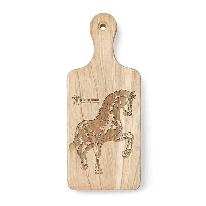 Rectangular wooden cutting board with a handle, featuring an etched American Horse and the text Frederik Meijer Gardens & Sculpture Park.