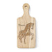 Rectangular wooden cutting board with a handle, featuring an etched American Horse and the text Frederik Meijer Gardens & Sculpture Park.