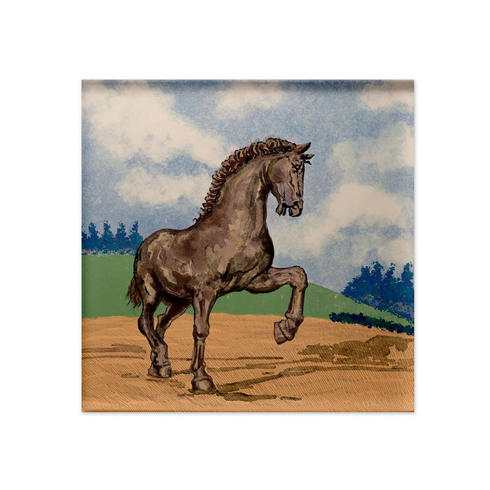 Frederik Meijer Gardens & Sculpture Park American Horse Magnet featuring a square, watercolor-style illustration by Walker Noble of a dark horse prancing in a field under a cloudy sky.
