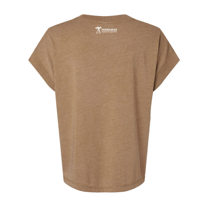 Back view of a brown short-sleeved Frederik Meijer Gardens & Sculpture Park American Horse Women’s T-Shirt with the organization’s logo printed in white near the neckline.