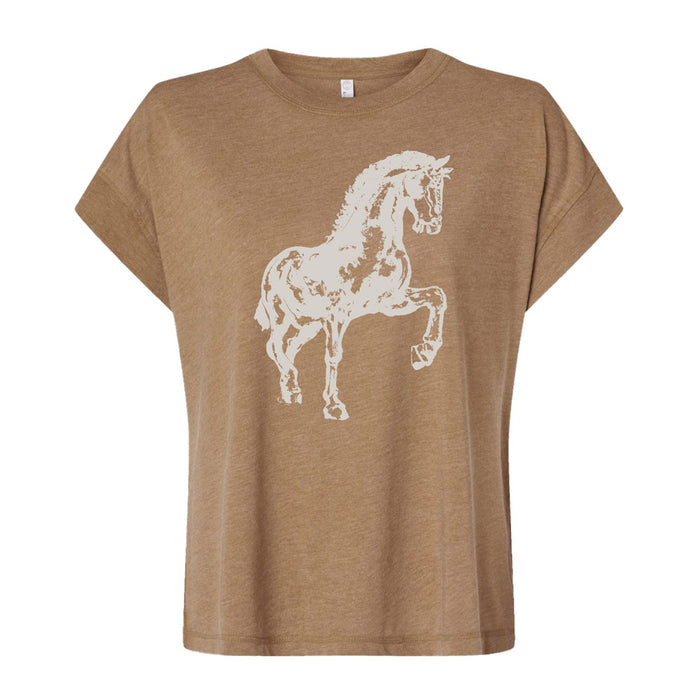 Tan short-sleeved Frederik Meijer Gardens & Sculpture Park American Horse Women’s T-Shirt featuring Walker Noble artwork of a white rearing horse on the front.