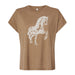 Tan short-sleeved Frederik Meijer Gardens & Sculpture Park American Horse Women’s T-Shirt featuring Walker Noble artwork of a white rearing horse on the front.