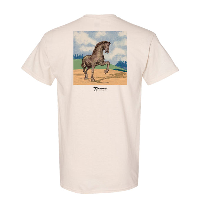 Off-white Frederik Meijer Gardens & Sculpture Park American Horse T-Shirt featuring a back print of a horse standing in a landscape with the park name below the Walker Noble illustration.