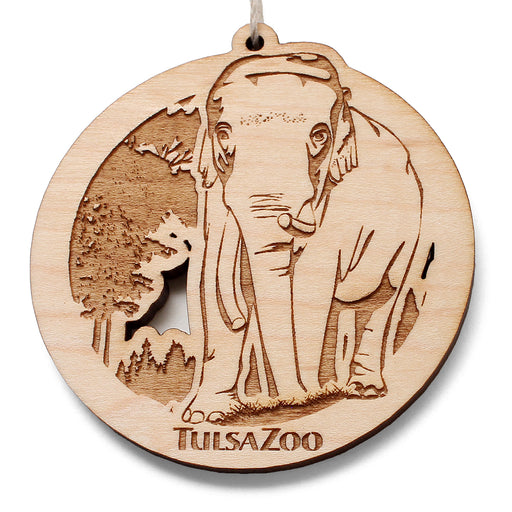 The Tulsa Zoo Elephant Wooden Ornament is a round, eco-friendly wood ornament with a laser-cut elephant and trees design, and "Tulsa Zoo" engraved at the bottom—a perfect zoo souvenir for collectors.