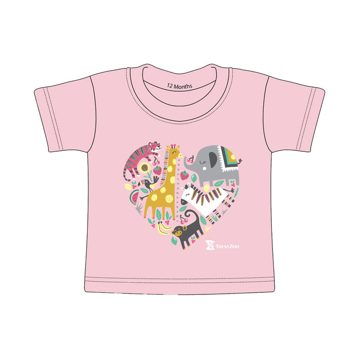 The Tulsa Zoo Heart Collage Toddler T-Shirt is a pink tee for 12 months, featuring a heart-shaped collage of colorful cartoon giraffe, elephant, monkey, lion, and zebra.