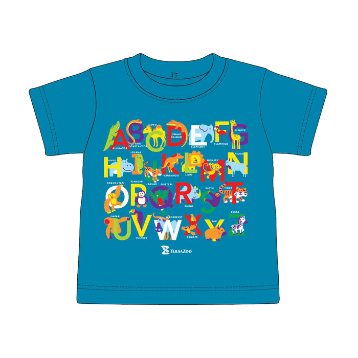 The Tulsa Zoo Safari Alphabet Toddler T-Shirt features a blue design with each letter shaped by colorful animals like elephants, giraffes, and zebras—a fun educational shirt perfect for little learners.