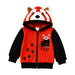 The Tulsa Zoo Red Panda Hooded Toddler Sweatshirt features a red hood with panda ears and face, black sleeves, paw prints on one side, and a cartoon red panda on the other. Perfect for animal-loving toddlers!.