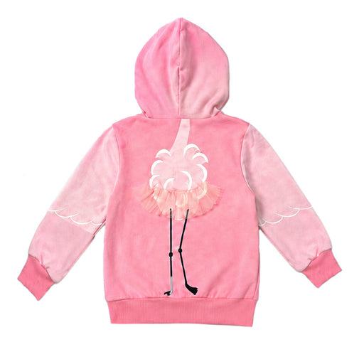 The Tulsa Zoo Flamingo Hooded Toddler Sweatshirt features a playful pink design with a tutu-wearing flamingo, white wing accents on the sleeves, and is perfect for little animal lovers and supporters of wildlife conservation.