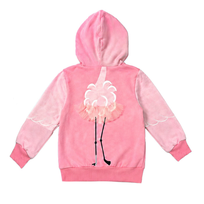 The Tulsa Zoo Flamingo Hooded Toddler Sweatshirt features a playful pink design with a tutu-wearing flamingo, white wing accents on the sleeves, and is perfect for little animal lovers and supporters of wildlife conservation.