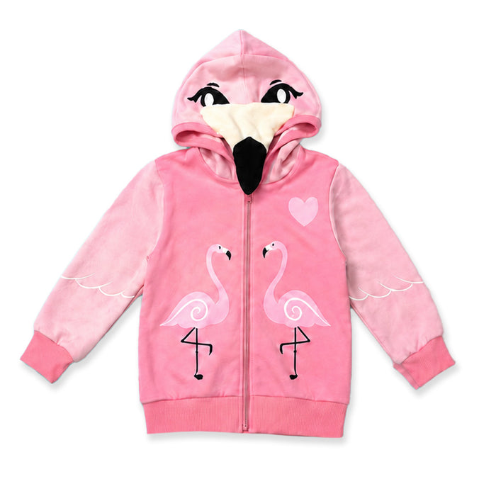 The Tulsa Zoo Flamingo Hooded Toddler Sweatshirt is a pink zip-up with two flamingos and a heart on the chest, plus a flamingo face hood—perfect for little wildlife fans and inspired by the Tulsa Zoo.