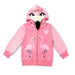 The Tulsa Zoo Flamingo Hooded Toddler Sweatshirt is a pink zip-up with two flamingos and a heart on the chest, plus a flamingo face hood—perfect for little wildlife fans and inspired by the Tulsa Zoo.