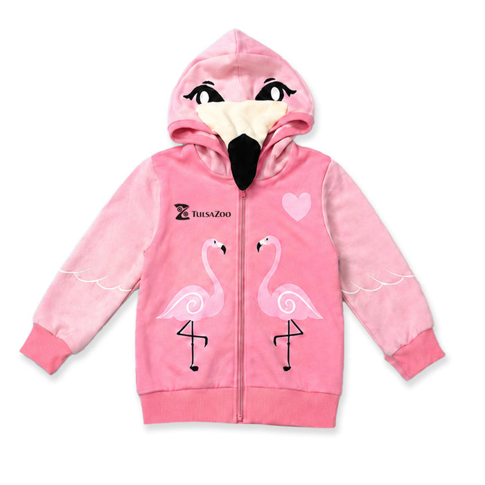 Let your little one shine in the Tulsa Zoo Est. 1928 Flamingo Hooded Toddler Sweatshirt! This pink toddler sweatshirt features a fun flamingo face on the hood, delightful wings on the sleeves, and two adorable flamingos on the front. The chest displays the Tulsa Zoo Est. 1928 logo along with a small heart, giving this cozy flamingo sweatshirt an extra dose of charm.
