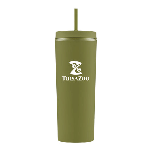 The Tulsa Zoo Slique Recycled Tumbler is an olive green, eco-friendly tumbler with a matching straw and displays the white Tulsa Zoo logo and text on the front.