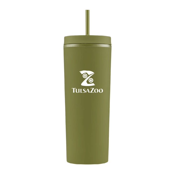 The Tulsa Zoo Slique Recycled Tumbler is an olive green, eco-friendly tumbler with a matching straw and displays the white Tulsa Zoo logo and text on the front.
