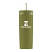 The Tulsa Zoo Slique Recycled Tumbler is an olive green, eco-friendly tumbler with a matching straw and displays the white Tulsa Zoo logo and text on the front.