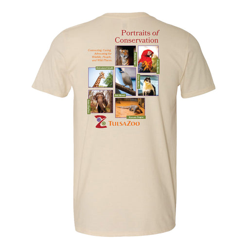 The Tulsa Zoo Portraits of Conservation T-Shirt is beige and features a grid of animal photos—tiger, giraffe, parrot, orangutan, and more—with the Portraits of Conservation text and logo on the back to celebrate wildlife conservation.