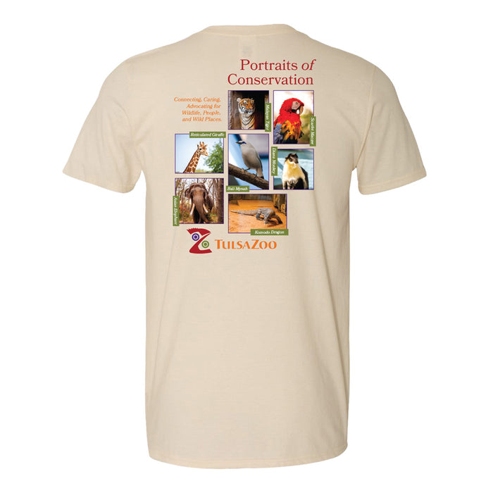 The Tulsa Zoo Portraits of Conservation T-Shirt is beige and features a grid of animal photos—tiger, giraffe, parrot, orangutan, and more—with the Portraits of Conservation text and logo on the back to celebrate wildlife conservation.