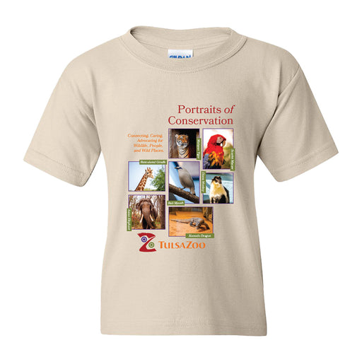 The Tulsa Zoo Portraits of Conversation Youth T-Shirt in beige features zoo logo, Portraits of Conversation text, and animal photos—tiger, bird, lizard, giraffe, lemur—to celebrate wildlife conservation.