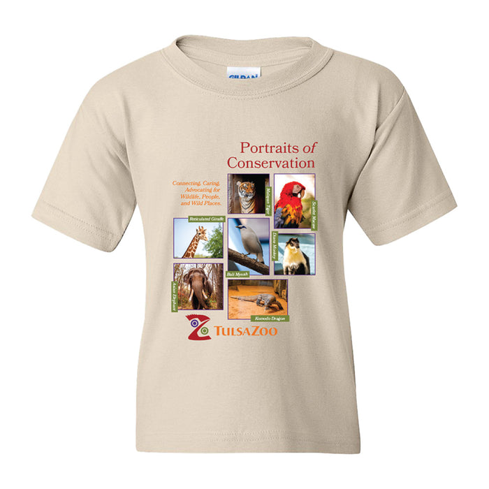 The Tulsa Zoo Portraits of Conversation Youth T-Shirt in beige features zoo logo, Portraits of Conversation text, and animal photos—tiger, bird, lizard, giraffe, lemur—to celebrate wildlife conservation.