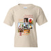 The Tulsa Zoo Portraits of Conversation Youth T-Shirt in beige features zoo logo, Portraits of Conversation text, and animal photos—tiger, bird, lizard, giraffe, lemur—to celebrate wildlife conservation.