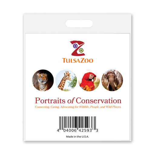 Tulsa Zoo Est. 1928 badge featuring the logo, four animal photos (tiger, giraffe, parrot, elephant), and the text "Portraits of Conservation," complete with a barcode at the bottom—perfect for displaying with an animal illustration or adding to your Tulsa Zoo Est. 1928 Glass Dome Magnet Set.