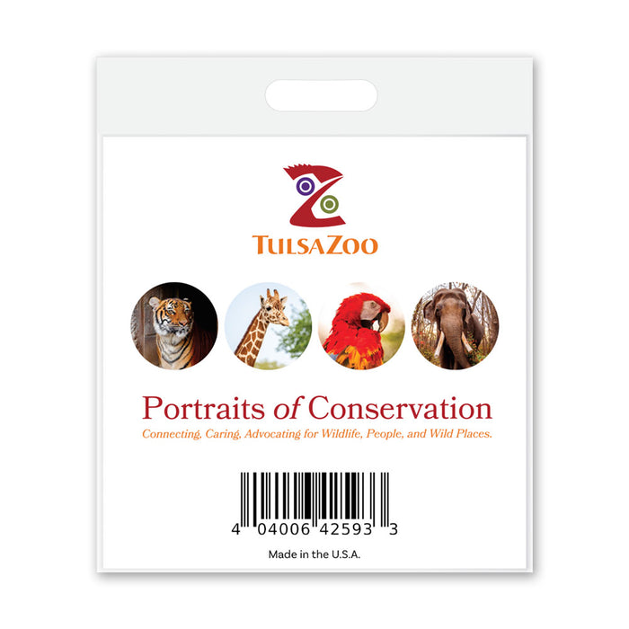 Tulsa Zoo Est. 1928 badge featuring the logo, four animal photos (tiger, giraffe, parrot, elephant), and the text "Portraits of Conservation," complete with a barcode at the bottom—perfect for displaying with an animal illustration or adding to your Tulsa Zoo Est. 1928 Glass Dome Magnet Set.