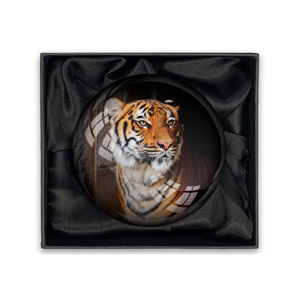 The Tulsa Zoo Tiger Glass Paperweight features a lifelike tiger image and comes in a black satin-lined gift box—an ideal wildlife-inspired present.