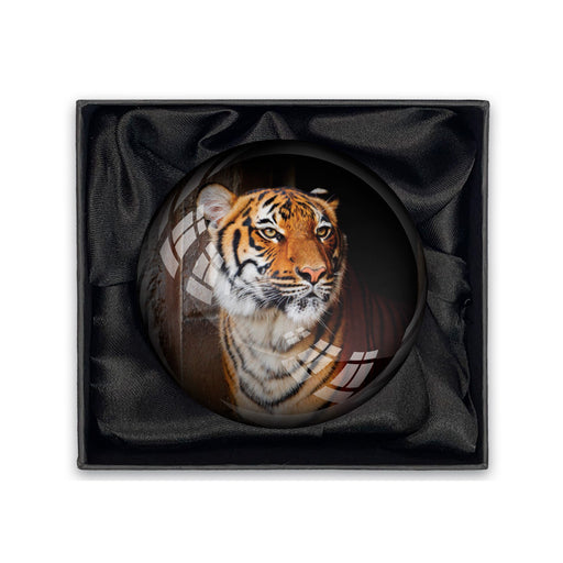 The Tulsa Zoo Tiger Glass Paperweight features a lifelike tiger image and comes in a black satin-lined gift box—an ideal wildlife-inspired present.