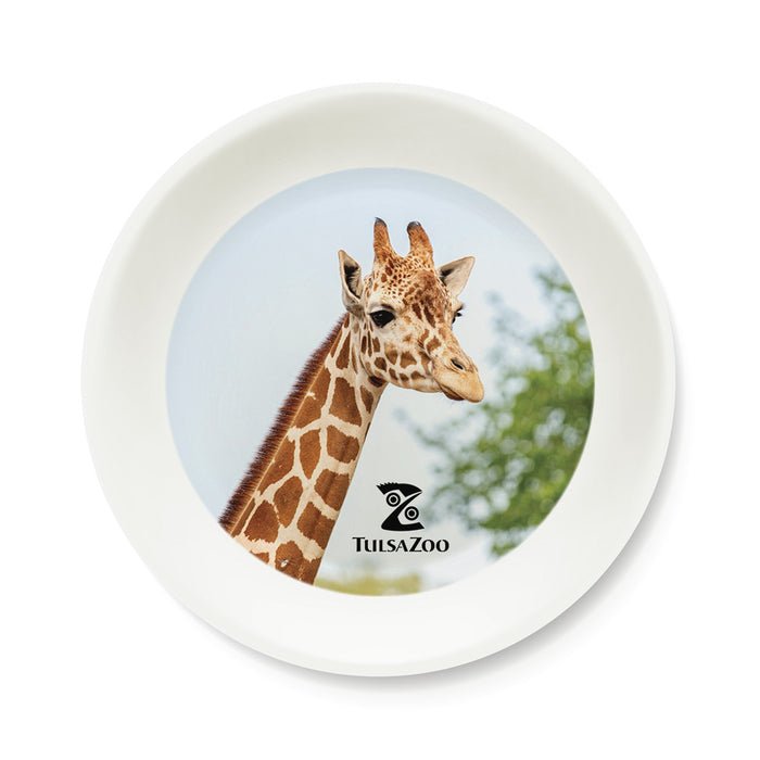 The Tulsa Zoo Giraffe Trinket Dish features a photo of a giraffe with sky and greenery, plus the Tulsa Zoo logo—an ideal keepsake or gift for animal lovers.