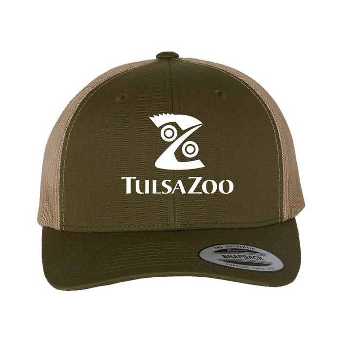The Tulsa Zoo Logo Trucker Cap is olive green and beige, features the zoo’s logo and name in white to support wildlife conservation, and has a silver sticker on the brim marked "The Authentic SNAPBACK YUPOONG.