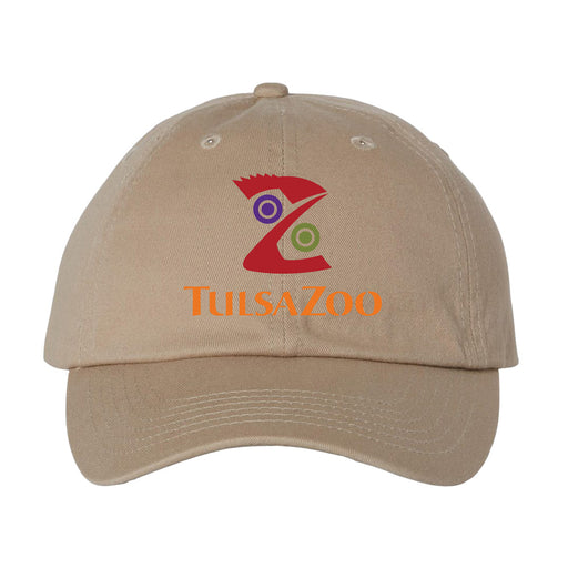 The Tulsa Zoo Logo Cap, Khaki, features a stylized red Z with purple and green circles and 'Tulsa Zoo' in orange below—an ideal way to show your support for wildlife conservation.