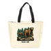 The Tulsa Zoo Brown Bear Tote is a cream tote with black handles, depicting two brown bears among green trees and “TULSA ZOO” beneath the image—ideal for wildlife conservation enthusiasts.