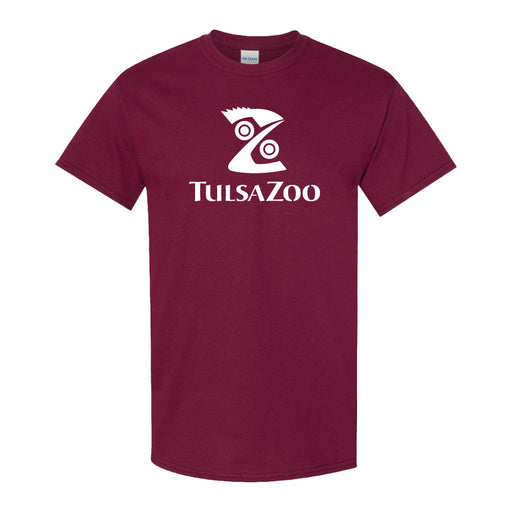 The Tulsa Zoo Logo T-Shirt, Maroon features the zoo’s name and a stylized “Z” with animal elements, showing support for wildlife conservation and animal habitats.