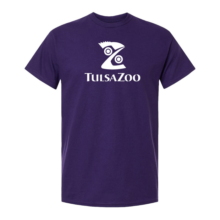 Show your support for wildlife conservation with the Tulsa Zoo Logo T-Shirt in dark purple, featuring a stylized bird logo and "Tulsa Zoo" in white on the front.
